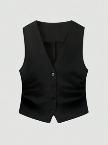 SHEIN EZwear Women's Solid Color Pleated Business Suit Vest In Fall/Winter