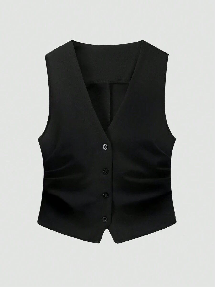 SHEIN EZwear Women's Solid Color Pleated Business Suit Vest In Fall/Winter