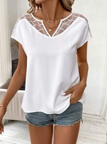 SHEIN Clasi 女士透明网眼撞色蝙蝠袖短袖衬衫 - 白色 - 查看 4