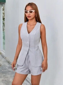 SHEIN Essnce Women's Summer Commuting Suit Vest And Shorts Set - Grey - View 4