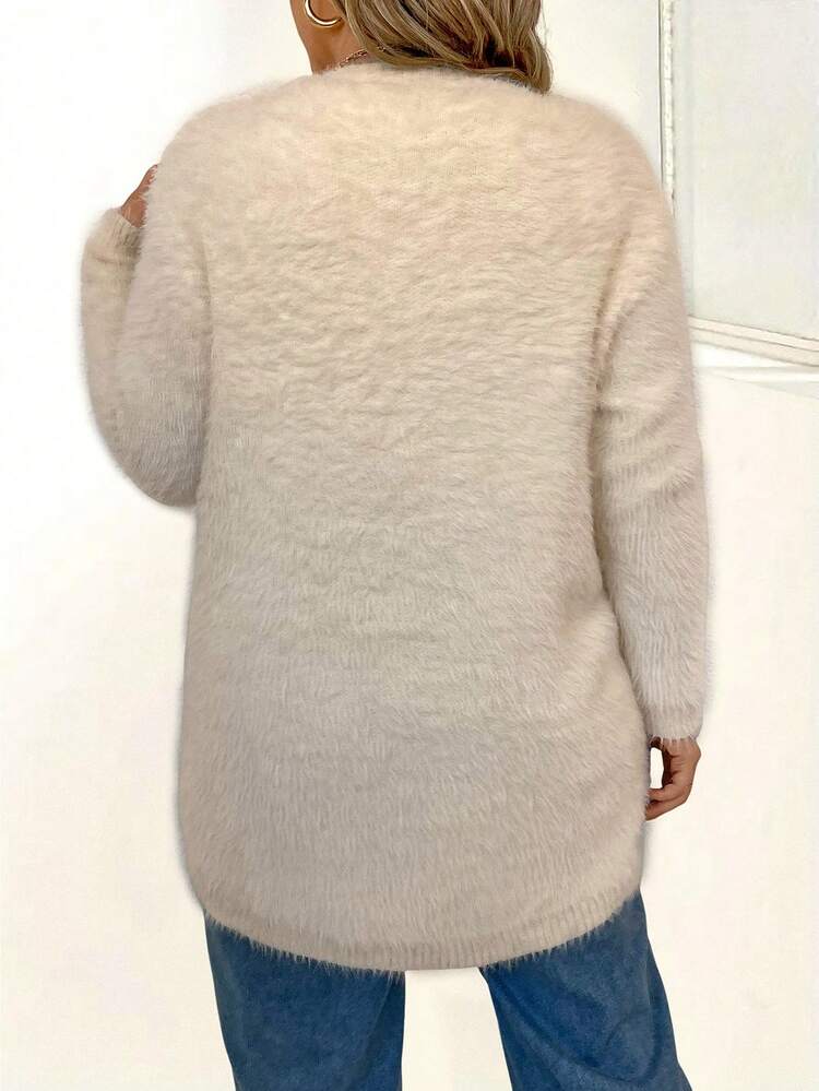 Plus Solid Fluffy Knit Drop Shoulder High Low Hem Sweater Knit Pullover Fall Winter Sweater