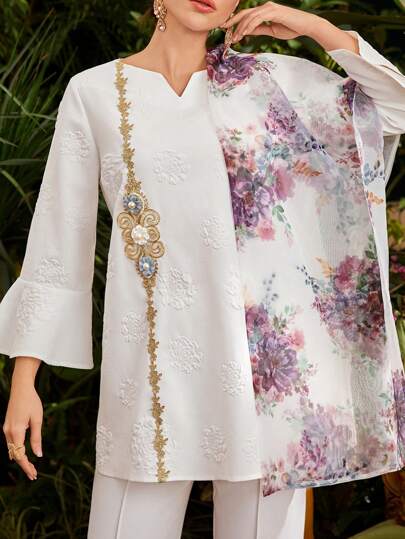 Divindia Women's Embroidered Patchwork Notched Collar Kurta Top With Flared Sleeves Style Indian