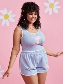 HELLO KITTY AND FRIENDS | SHEIN Plus Cartoon And Letter Graphic Ringer Tank Top & Shorts - Baby Blue - View 5