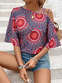 SHEIN VCAY 女性不對稱領口印花襯衫 - 彩色 - 查看 3