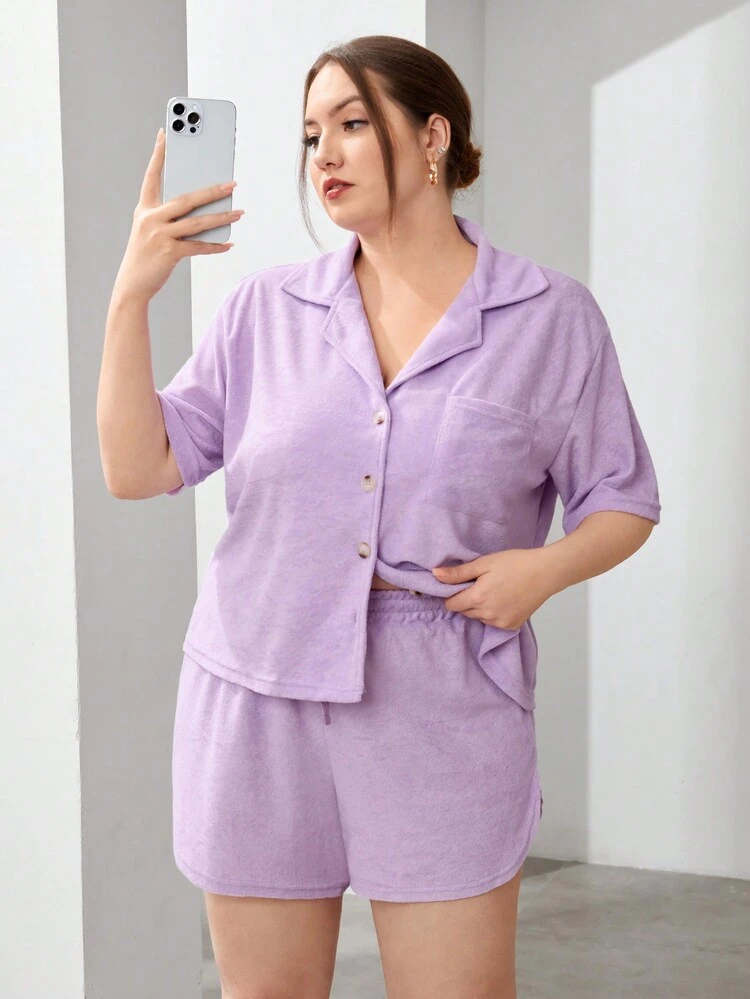 Women's Plus Size Towelling Texture Collared Shirt And Loose Shorts Set, Soft And Comfortable, Purple