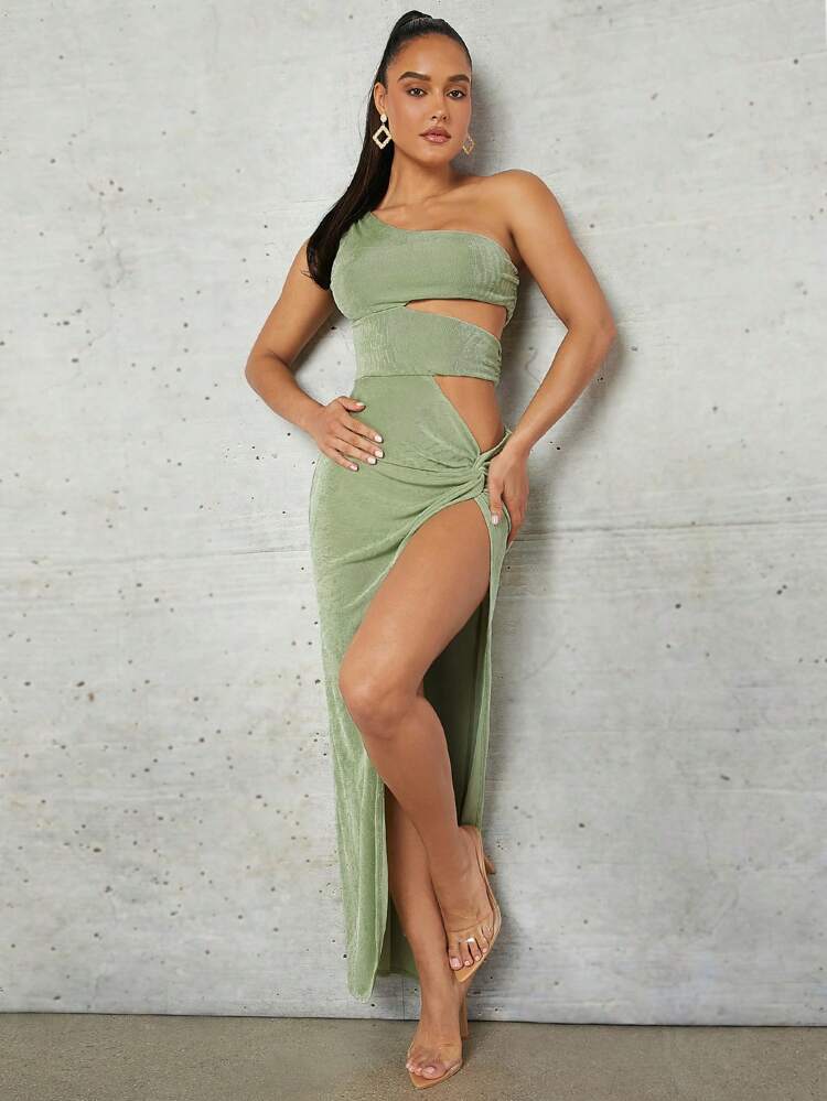 Spring Outfits Green Sexy Hollow Twist One-Shoulder High Slit Tight Stretch Dress