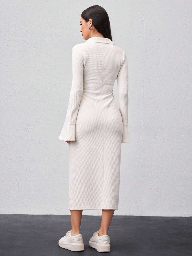 Women'S Solid Color Patch Details Bell Sleeve Dress