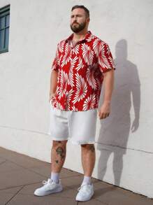 Genlund Men's Plus Size Plant Printed Short Sleeve Shirt And Shorts Set - Multicolor - View 5
