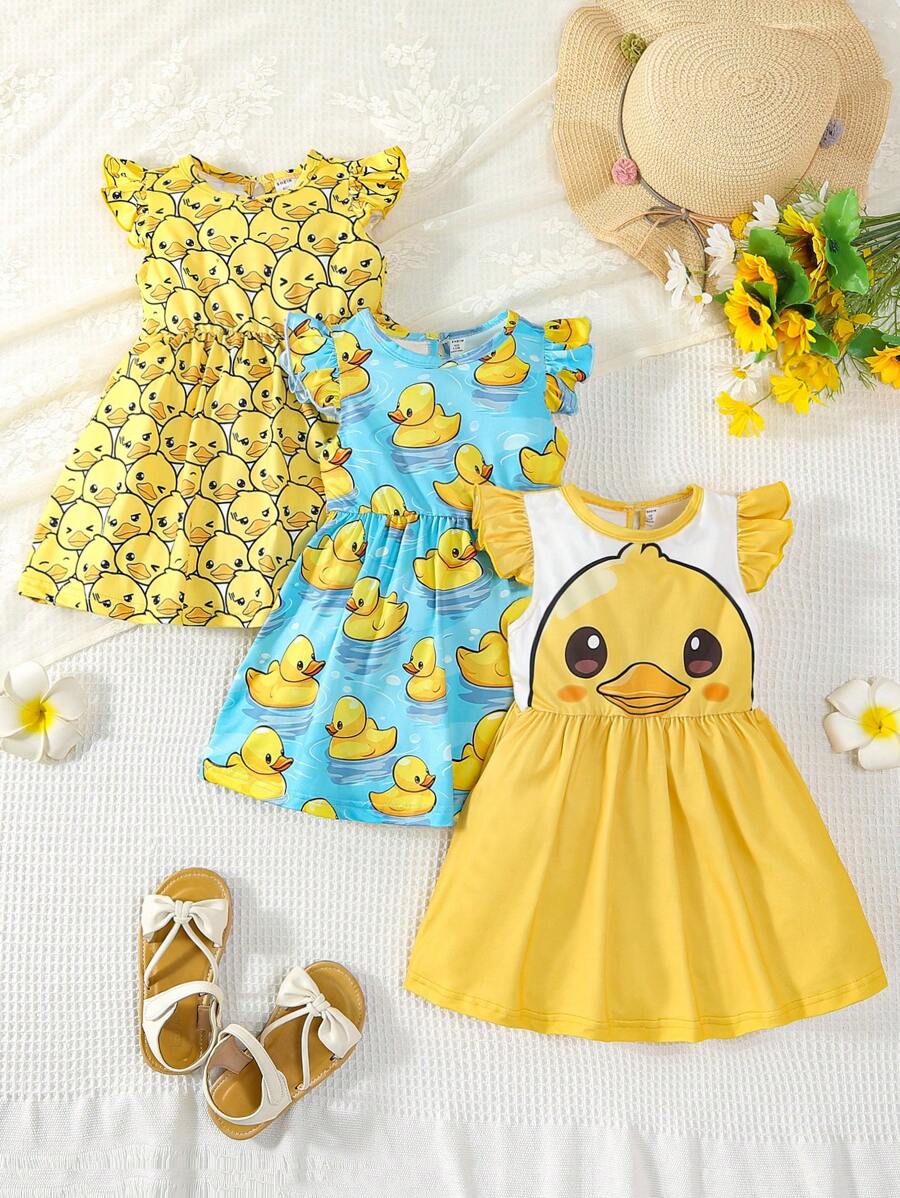 Vestido Fofo De Várias Peças Com Padrão De Pato Para Bebê Menina - Multicolorido - Visão 1