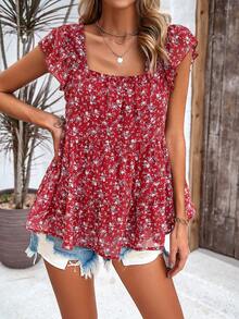 Elegant Floral Print Square Neck Top - Red - View 5