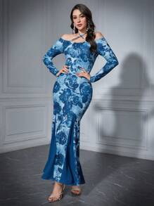 Modelyn 女士花卉印花露肩交叉肩带挂脖连衣裙长款晚礼服 - 彩色 - 查看 5