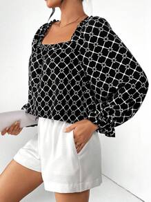 SHEIN Essnce 女士钻石格星印花方领泡泡袖衬衫和高腰阔腿短裤两件套 #Easter - 黑與白 - 查看 4