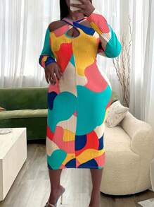 Maweii Plus Colorblock Criss Cross Cut Out Front Bodycon Dress