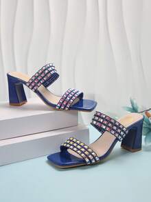 時尚女性高跟涼鞋和粗跟金屬鑲嵌晚宴拖鞋,非常適合搭配公主風格的裙子 - 藍色 - 查看 6