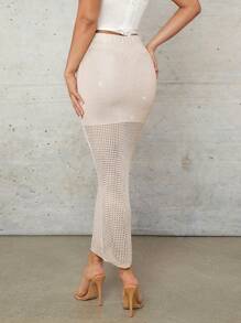 SHEIN BAE Apricot Rose Gold Bronzing Glitter Summer Vacation Crochet Cover Up Hollow Stitching Long Women's Skirt