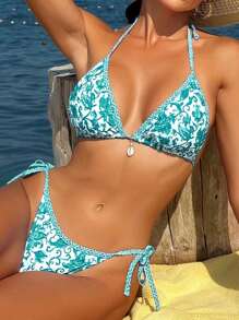 SHEIN Swim Summer Beach Ladies' Plant Printed Halter Neck Separates Bikini Set - Green - View 7