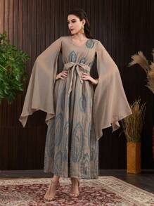 Al Najma Loose-Fit Embroidered Leaf Pattern V-Neck Cape Sleeve Dress - Khaki - View 1