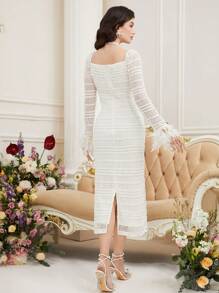 Modelyn Solid Color Textured Square Collar Slim Fit Split Hem Dress Long Evening Dresses - Apricot - View 2