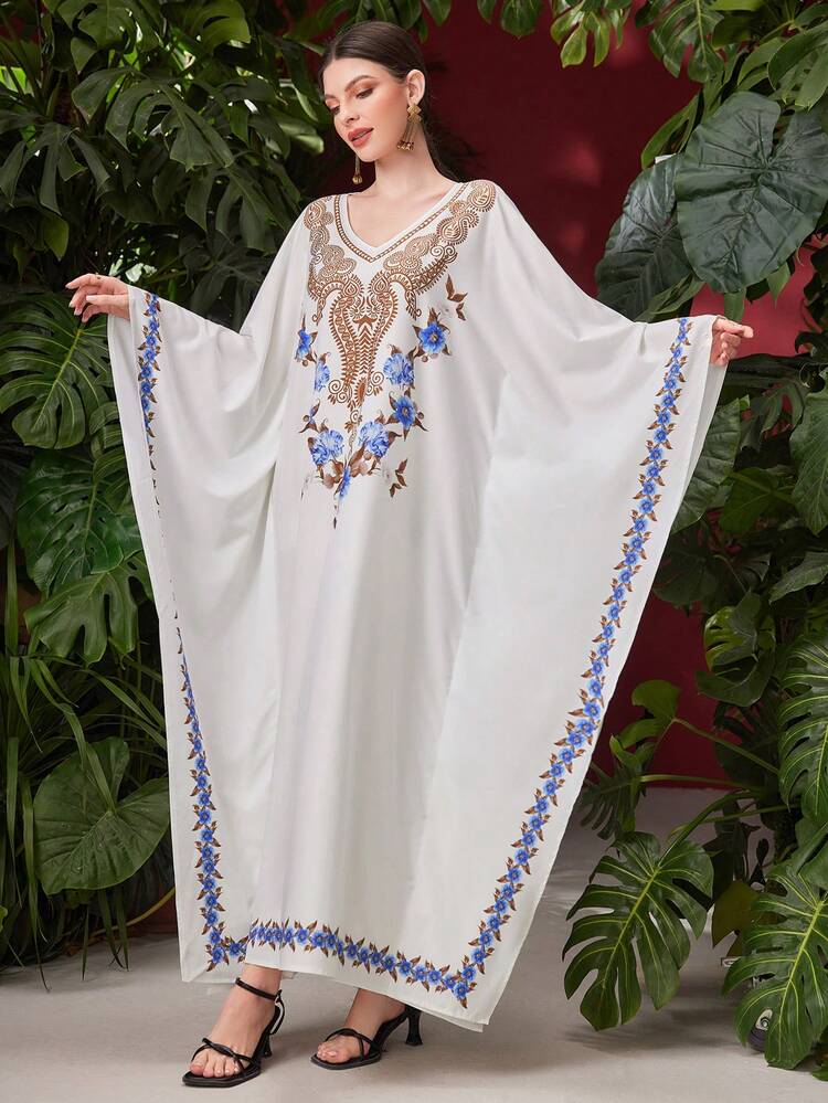 Flower Printed V-Neck Batwing Sleeve Kaftan