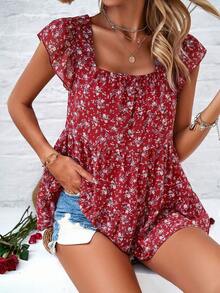 Elegant Floral Print Square Neck Top - Red - View 4