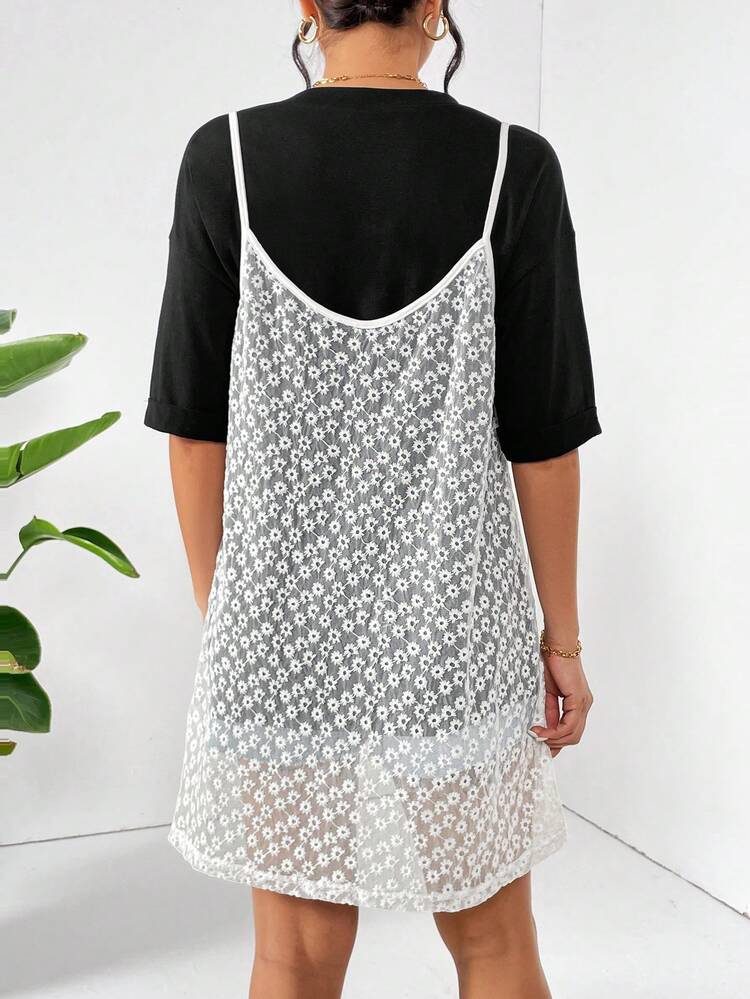 Summer Casual Black T-Shirt And White Vintage Style Lace Cami Layered Dress 2pcs/Set