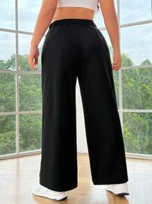 SHEIN EZwear 大碼日常休閒舒適純色直筒褲 - 黑色 - 查看 2