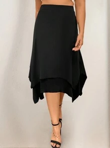 SHEIN LUNE 大碼素色手帕下擺半身裙 - 黑色 - 查看 4