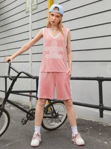 Streetz SHEIN Sport Women's Letter Print Vest And Shorts Sports Suit - Pink - View 4