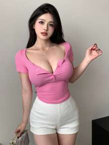 DAZY Ladies' Plain Short-Sleeve T-Shirt With Button Half-Placket Sexy Top Preppy Tops - Hot Pink - View 5