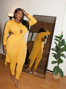 Slaydiva Plus Size Hollow Out Long Top And Skinny Pants Two Pieces Set - Yellow - View 2