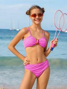 Teen Girl Striped Bikini Set Summer Beach - Pink - View 3