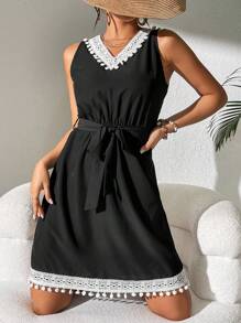 SHEIN LUNE Patchwork Lace Up Bandage Backless Dress - Black - View 6