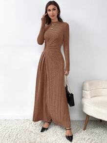 SHEIN Privé Solid Color Ribbed Pleated Waist Wrap Dress