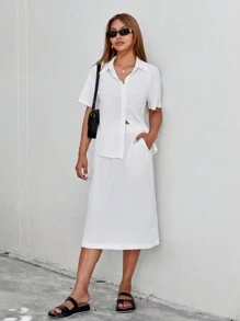 SHEIN Essnce Conjunto De Dos Piezas Con Camisa De Botones Y Falda Con Textura Lisa - Blanco - Ver 4