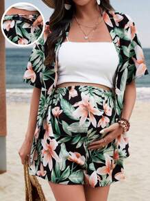 SHEIN Maternity Plant Print Kimono Top With Shorts Set - Green - View 1