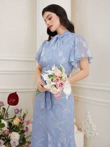 Modelyn Đầm xòe cổ đứng tay ngắn viền đuôi cá cho nữ, Đầm dự tiệc tối thanh lịch - Màu xanh lam - Xem 1