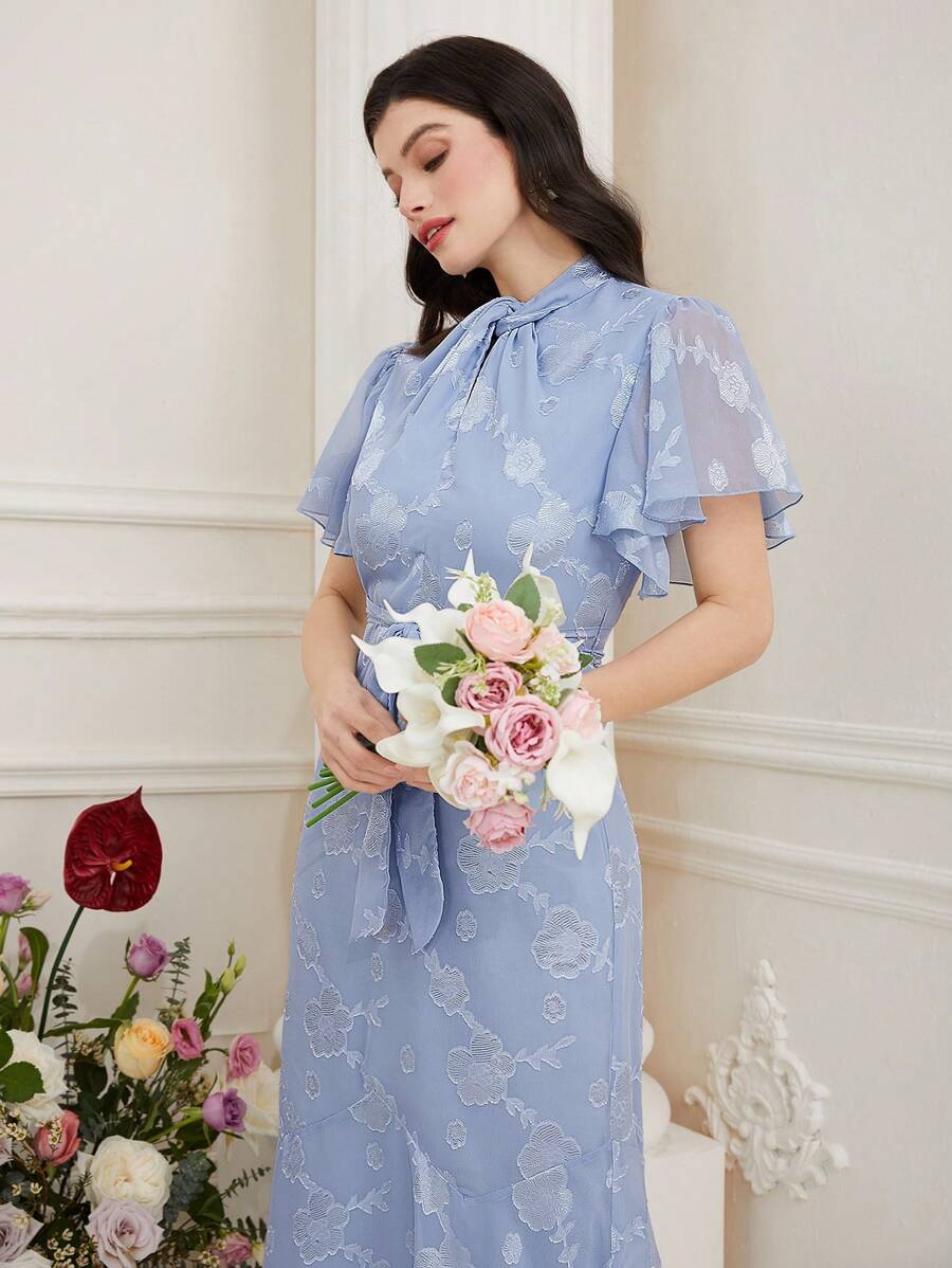 Modelyn Đầm xòe cổ đứng tay ngắn viền đuôi cá cho nữ, Đầm dự tiệc tối thanh lịch - Màu xanh lam - Xem 1