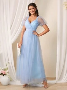 SHEIN Belle Thanh lịch Và Lãng mạn Lưới Váy phù dâu - Màu xanh lam - Xem 5