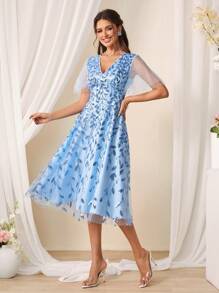 SHEIN Belle Sequined Mesh Bridesmaid Dress - Blue - View 3