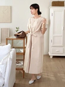 DAZY 纯色宽松短袖连衣裙，圆领，腰带，太阳裙，休闲女装