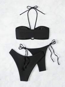 SHEIN Swim 1 套女士纯色三角比基尼套装 - 1 件带细肩带的露背吊带上衣、1 件侧系带三角下装和 1 条纯色三角内裤夏季海滩 - 黑色 - 查看 6