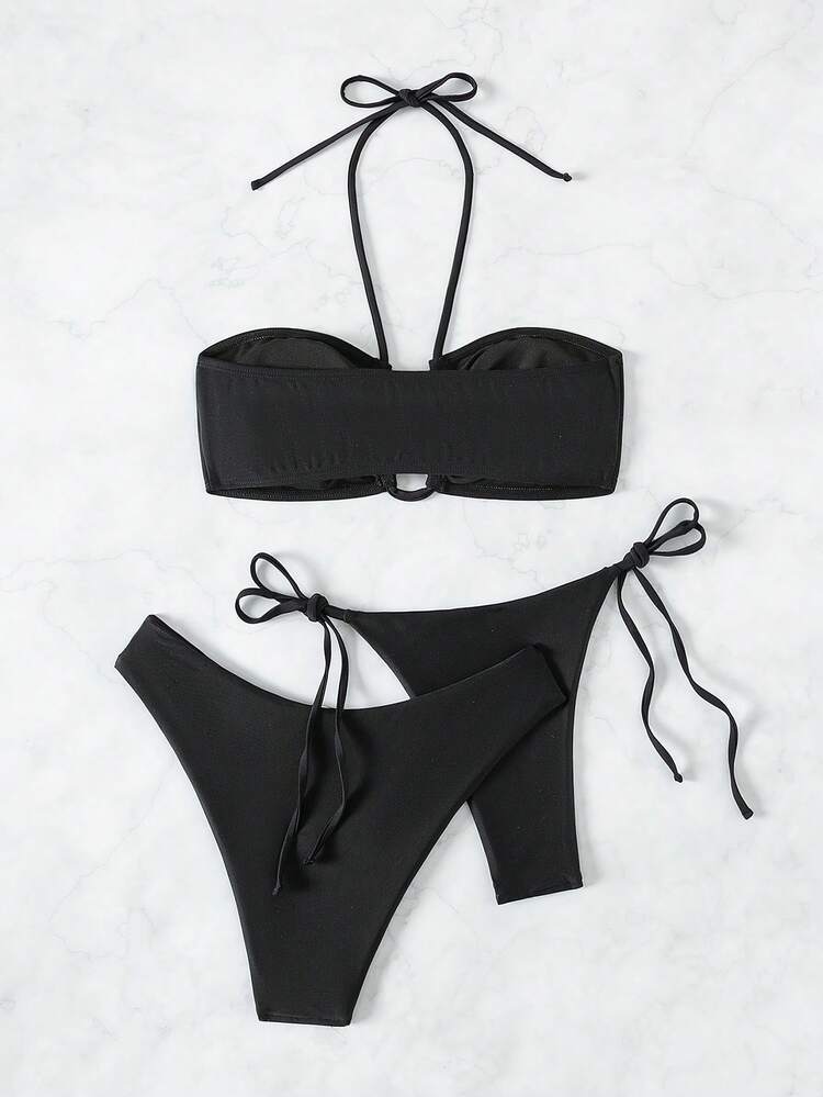 SHEIN Swim 1 bộ Bikini tam giác trơn dành cho nữ - 1 áo hở lưng có dây đeo spaghetti, 1 quần tam giác buộc dây bên hông và 1 quần lót tam giác màu trơn đi biển mùa hè - màu đen - Xem 6