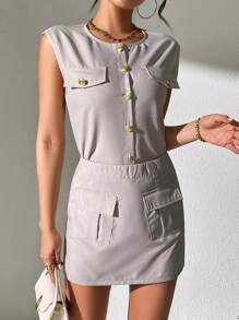 SHEIN LUNE Ensemble De Jupe Et De Haut Sans Manches, Style De Vêtement De Travail Pour Femmes À Bouton Unique - Gris pâle - Voir 3