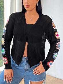 Flirla 大尺碼女鉤針鏤空開襟衫 - 黑色 - 查看 1
