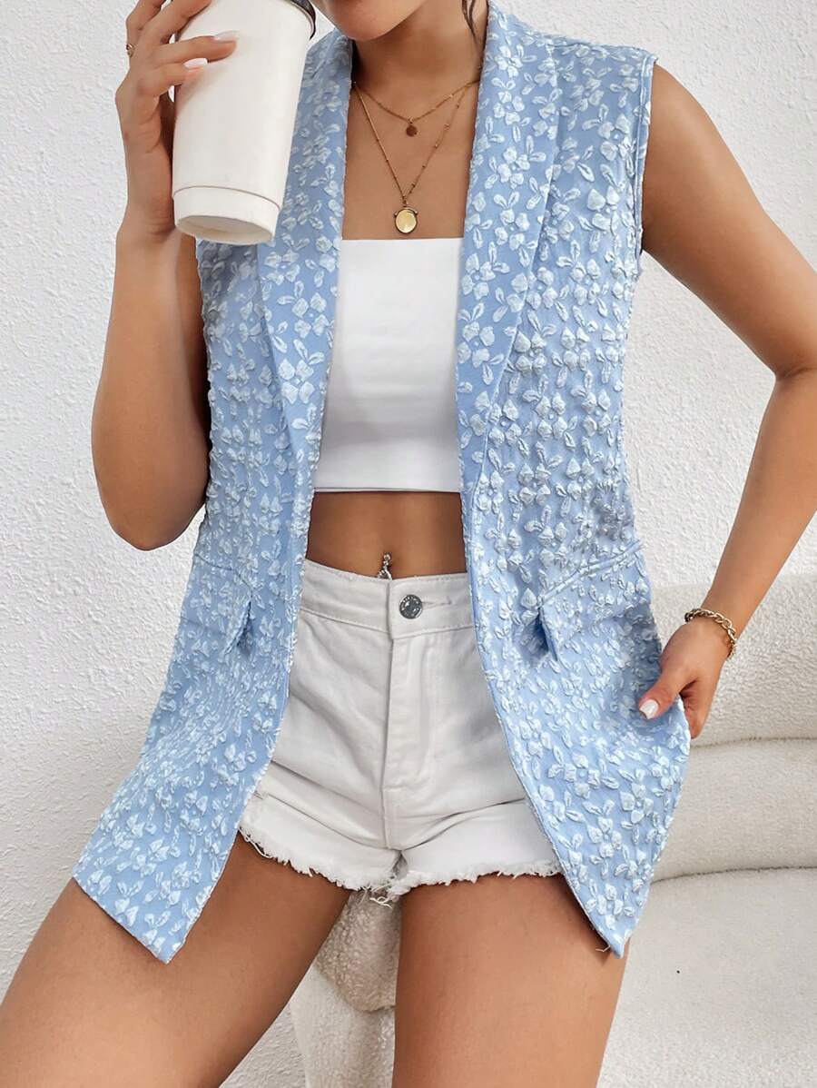 Chiquease 女士提花細肩領無袖休閒西裝外套 - 藍色 - 查看 1