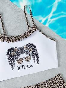 Teen Girls' Leopard Print & Character Print Splice Cami Triangle Bikini Set - Multicolor - View 4