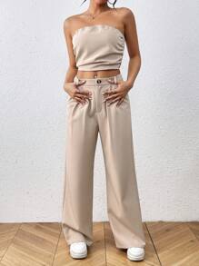 Chiquease Women's Plain Strapless Top And Pocketed Pants Set