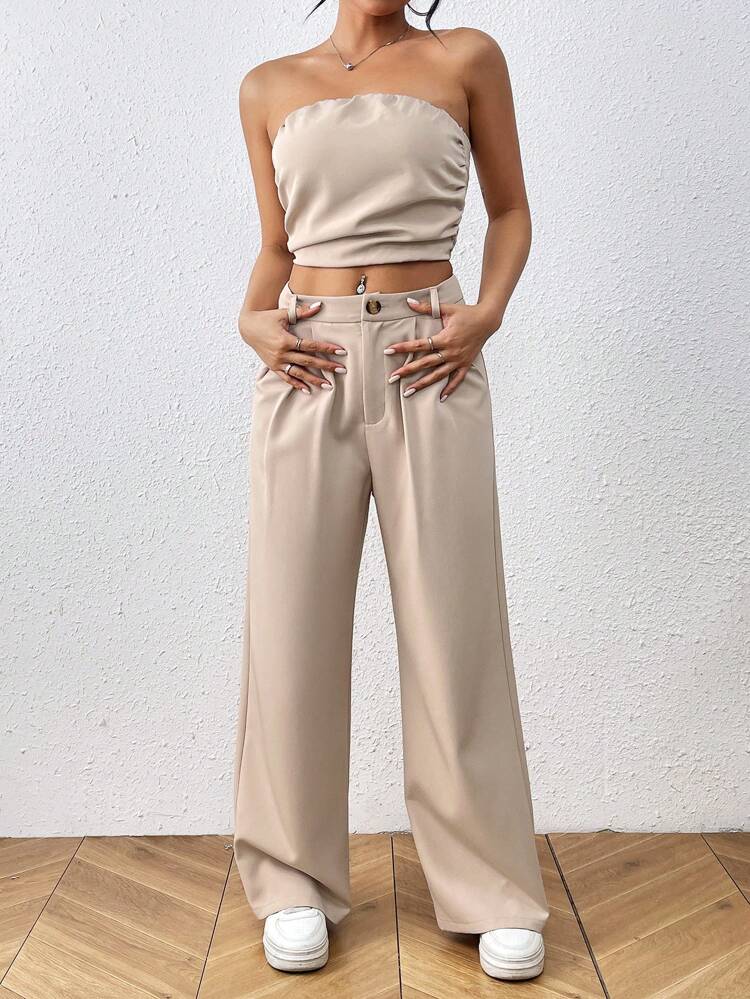 Women's Plain Strapless Top And Pocketed Pants Set