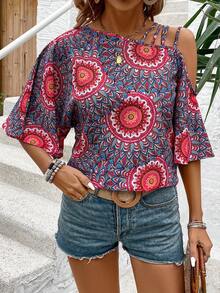 SHEIN VCAY 女性不對稱領口印花襯衫 - 彩色 - 查看 4