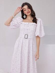 Modelyn Jacquard Square Neckline Puff Sleeve Dress Long Evening Dresses - Mauve Purple - View 5